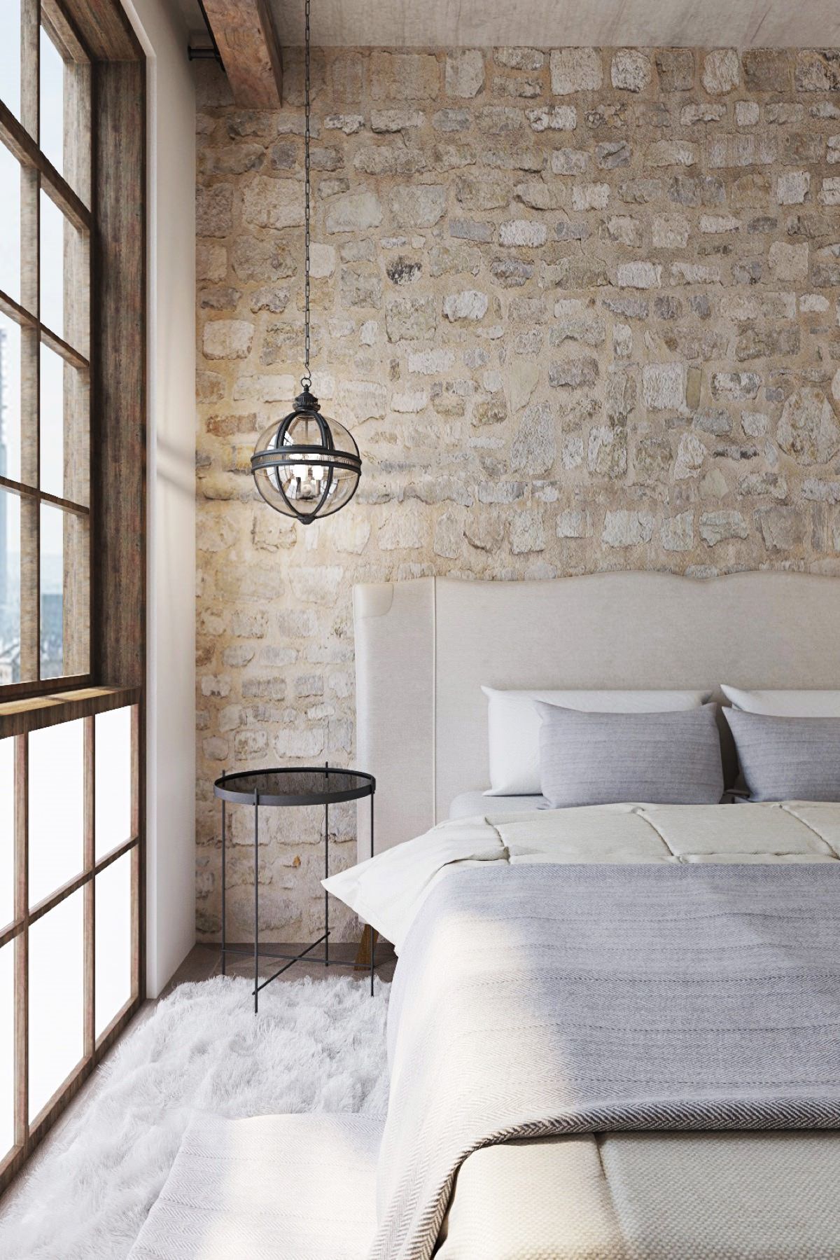 طراحی و دکوراسیون داخلی اتاق خواب شیک و ساده ای که از بافت سنگی به عنوان دیوار تاکیدی در آن استفاده شده است